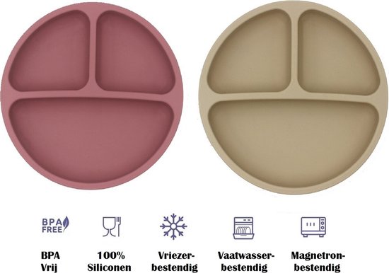 2 Stuks - Kinderbord - Baby bordjes - Kinderservies - Roze Beige - Siliconen BPA vrij - Onbreekbaar van Little Lemonade