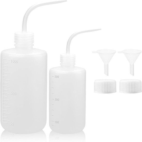 2 stuks knijpfles 1000 ml 500 ml veiligheidsfles plastic tattooflessen met schaal 2 schroefdoppen mondstuk, etiketten trechter voor laboratoriumplant doe-het-zelf spuiten water specerij