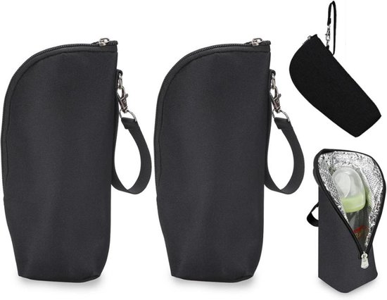 2 Stuks - Melkfles Warmhouder - Melkfles Tas - Thermotas - Isolatietas voor Babyfles - Draagbare Moedermelk Opslag - Fles Warmer Onderweg - 8x7x22 cm - Zwart