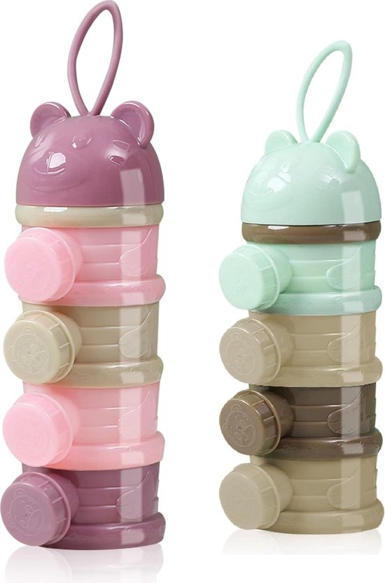 2 stuks Melkpoeder toren - Baby melkpoeder doseerdoosjes - Bewaarbakjes babyvoeding - 4 laags - Melkpoeder doseerdoosjes - Melkpoeder bewaarbakjes - Melk poeder Dispenser - Melkpoeder Reisbox - Babyvoeding bewaarbox - BPA vrij - Roze & Mintgroen van Navulling.