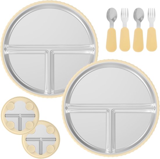 2 stuks roestvrijstalen zuignap voor peuters - 9 inch siliconen zuignap voor baby's - inclusief 2 stuks lepel-vork bestek voor peuters - 3-delige uitneembare voedingsset voor kinderen - essentiële babyvoeding - beige van Kcuasimm