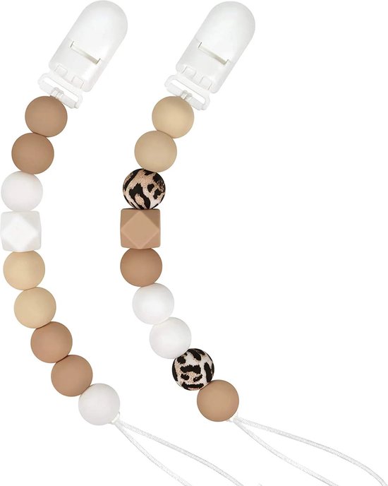 2 Stuks - Speenkoord Baby - Siliconen Kralen - Beige, Taupe, Luipaard Print van Merkloos
