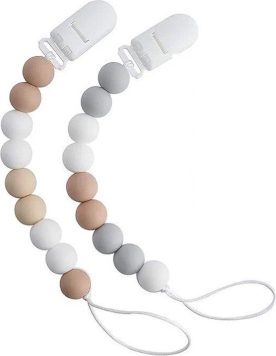 2 Stuks - Speenkoord Baby - Siliconen Kralen - Blauw, Beige, Taupe van Tiamo