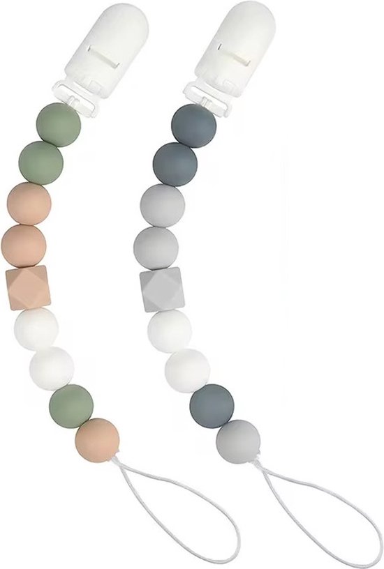 2 Stuks - Speenkoord Baby - Siliconen Kralen - GROEN Beige, Blauw Wit van Alecto Baby