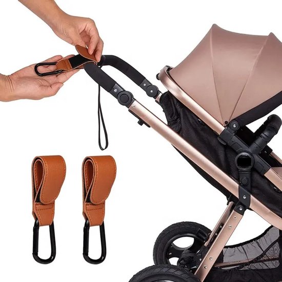2 Stuks - Sterke Kinderwagen Boodschappenhaken - Buggy Tassenhaakjes - Bruin - Kinderwagen- & Buggy accessoires van Little Chicks