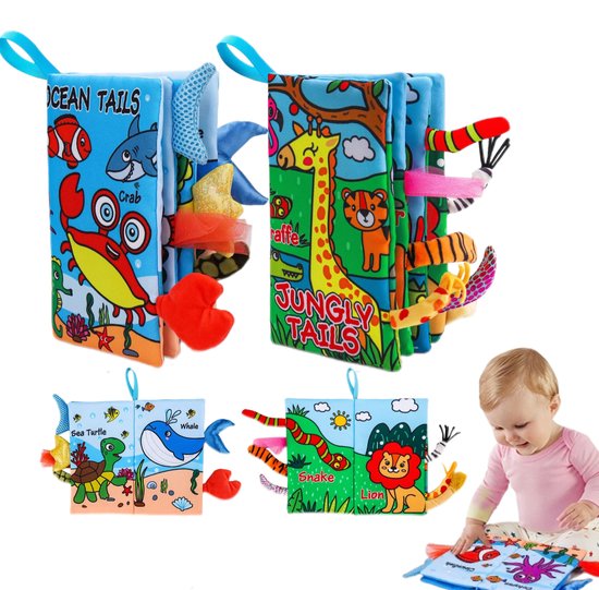 2 Stuks Stoffen Boekje voor Baby - Zintuiglijk Voelboek met Dierenstaarten - Knisperboekje Giraffe & Kreeft - Montessori Baby Speelgoed 0-12 Maanden - Kraamcadeau