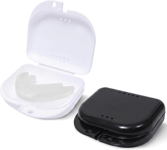 2 stuks tandbeugels set - draagbare gebitdoos retainer case voor onderweg, alignerbox met ventilatiegaten voor tandbescherming en prothesen, robuust kunststof etui, wit en zwart
