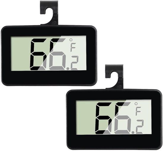 2 stuks - thermometer - digitale koelkastthermometer - vriezer thermometer - kamerthermometer - met vorstwaarschuwing - met haak - magnetische adsorptie - groot lcd-scherm °C/°F - omkeerbaar met ophanghaak - voor keuken, huis, restaurants - zwart van Gourmetmaxx