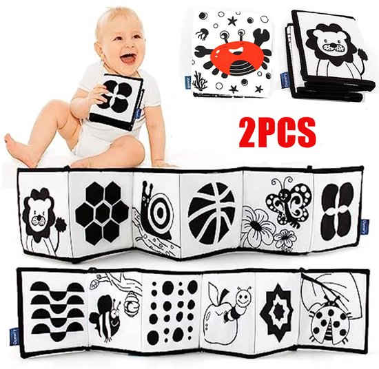 2 stuks Zwart-wit babyboek, babyboek van zachte stof met hoog contrast voor pasgeborenen van 0-6-12 maanden, speelgoed voor buikligging, sensorisch speelgoed voor vroege educatie, cadeau voor jongens en meisjes, Krab + Leeuw van beiens