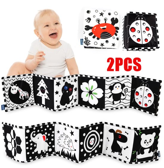 2 stuks Zwart-wit babyboek, babyboek van zachte stof met hoog contrast voor pasgeborenen van 0-6-12 maanden, speelgoed voor buikligging, sensorisch speelgoed voor vroege educatie, cadeau voor jongens en meisjes, Krab + Lieveheersbeestje van TwoBean Toys