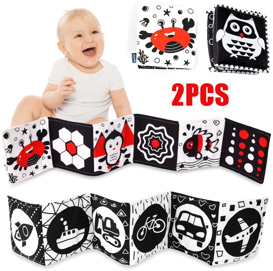 2 stuks Zwart-wit babyboek, babyboek van zachte stof met hoog contrast voor pasgeborenen van 0-6-12 maanden, speelgoed voor buikligging, sensorisch speelgoed voor vroege educatie, cadeau voor jongens en meisjes, Krab + Uil van bekilole