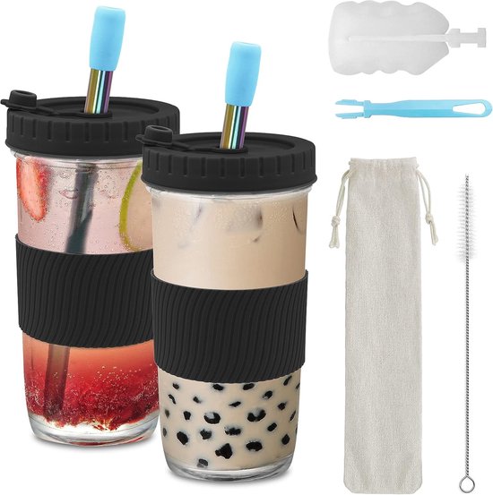 2 stuks zwarte Bubble Tea bekers met deksel en rode roos, 730 ml, drinkglas met roos, kant-en-klare Mason Jars voor milkshakes, drankjes, smoothies, bier van Theeseek