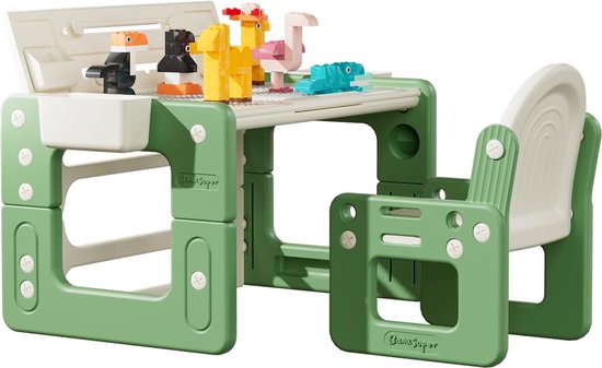 2-zijdige tekentafel en stoel voor kinderen, met bouwstenen, activiteitstafel voor peuters, in hoogte verstelbaar, multifunctionele kindermeubelset voor kleuters (groen) van Vateno