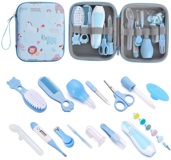 20-delige Babyverzorgingsset – Safari Dieren – Blauw - Manicureset - Elektrische baby nageltrimmer - Nagelverzorging, Neusaspirator, Medicijnspuit, Thermometer & Siliconen Borstels van Merkloos