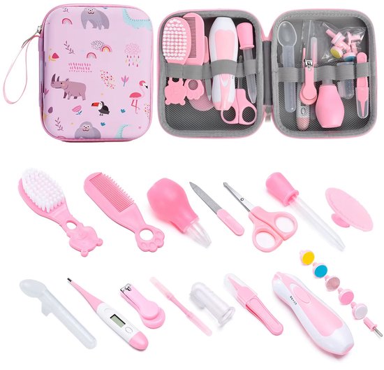 20-delige Babyverzorgingsset – Safari Dieren – Roze - Manicureset - Elektrische baby nageltrimmer - Nagelverzorging, Neusaspirator, Medicijnspuit, Thermometer & Siliconen Borstels van All Kids Essentials
