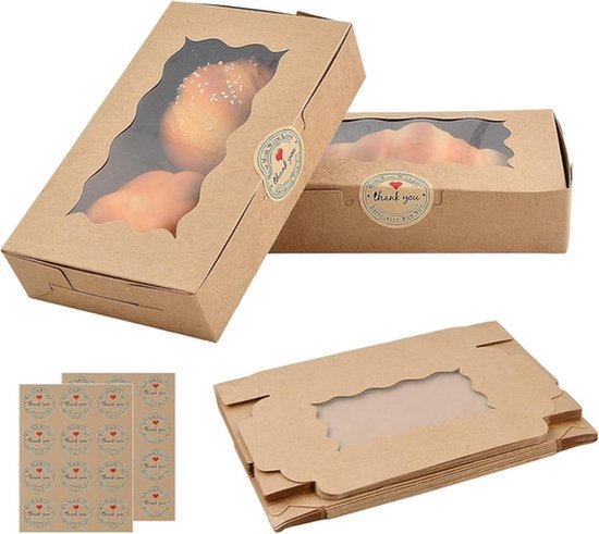 20 Stukken Biscuitdoos voor Dessert - Kraft Papier 17.8 x 11 x 3.8 cm met Transparante Venster en Verzegelende Lijm voor Taarten - Koekjes - Desserts