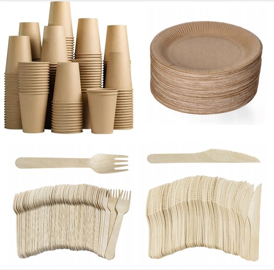 200 stuks Houten wegwerp bestek set bio/eco/milieubewust - 50 Vorken/ 50 messen/ 50 bruine kartonnen borden 23cm + 50 kartonnen bekers 240ml Feest/verjaardag/BBQ van Merkloos