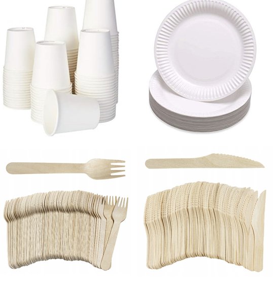 200 stuks Houten wegwerp bestek set bio/eco/milieubewust - 50 Vorken/ 50 messen/ 50 kartonnen borden 23cm + 50 kartonnen bekers 240ml in wit Feest/verjaardag/BBQ van Merkloos
