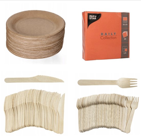 200 stuks x Houten wegwerp bestek set eco/milieubewust – 50 bruine kartonnen borden 23cm + 50 Vorken 16cm + 50 messen 16cm+ 50 servetten oranje 32x32cm Feest/verjaardag/BBQ picknick