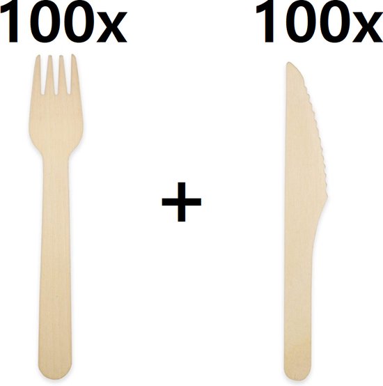 200 x Houten wegwerp bestek set 16 cm bio - 100 Vorken/ 100 messen - Milieuvriendelijke/milieubewuste keuze van Merkloos