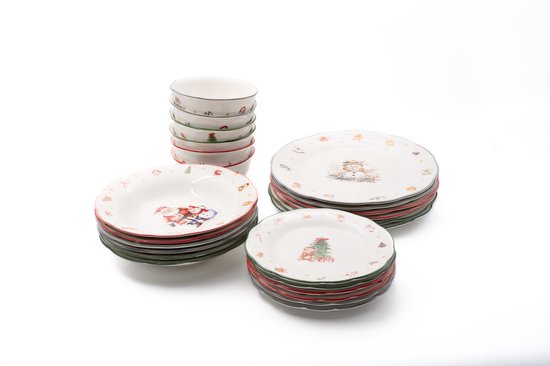 24-delig Kerstservies – Porselein – 6 Personen – 3 Kleuren – Dinerborden, Ontbijtborden, Dessertborden & Kommen – Kerst Thema