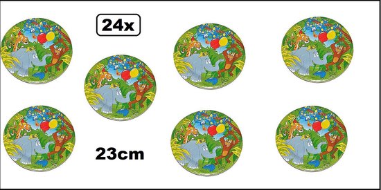 24x Bord Jungle fun 23cm - Karton - Dieren fun bordje verjaardag thema feest party olifant aap slang van Folat