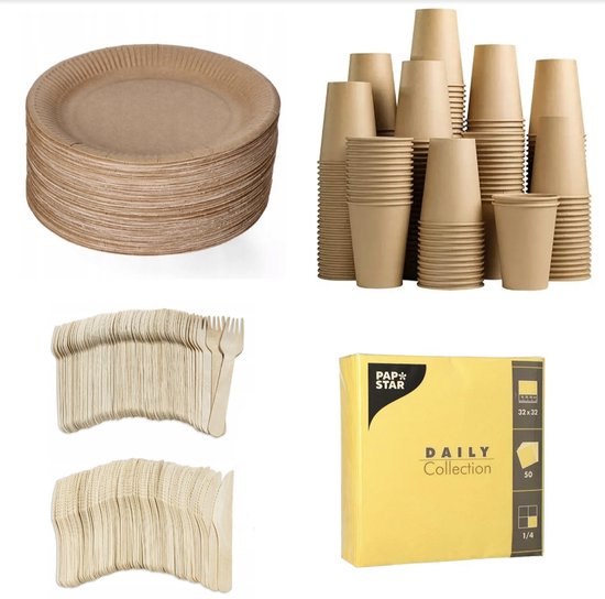 250 stuks x Houten wegwerp bestek set eco/milieubewust - 50 bruine kartonnen borden 23cm + 50 kartonnen bekers 240ml+ 50 Vorken 16cm + 50 messen 16cm+ 50 servetten geel 32x32cm Feest/verjaardag/BBQ picknick van Merkloos