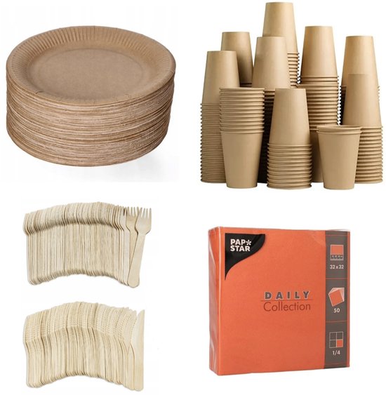 250 stuks x Houten wegwerp bestek set eco/milieubewust – 50 bruine kartonnen borden 23cm + 50 kartonnen bekers 240ml+ 50 Vorken 16cm + 50 messen 16cm+ 50 servetten oranje 32x32cm Feest/verjaardag/BBQ picknick van Merkloos