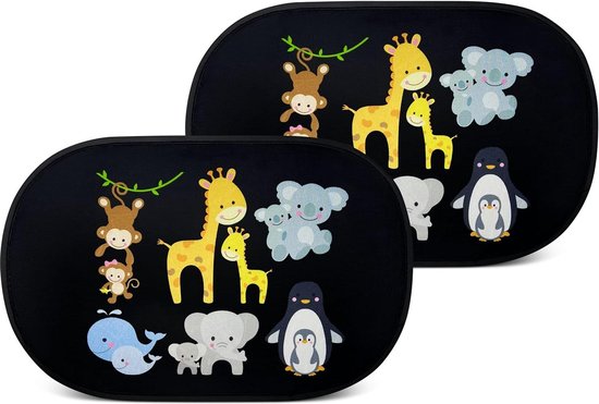 2x auto zonneklep met 8 zuignappen - baby dieren met mama - 48x31cm - zijruit zonneklep - zak - baby kinderen - meisjes jongens - Zonnescherm van Dresses and fun