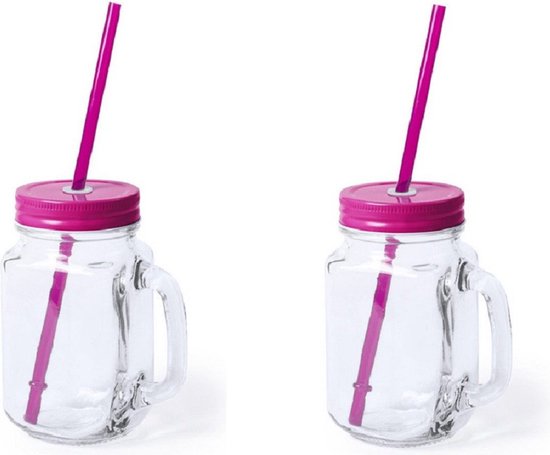 2x stuks Glazen Mason Jar drinkbekers roze dop en rietje 500 ml - afsluitbaar/niet lekken/fruit shakes van Yolo.