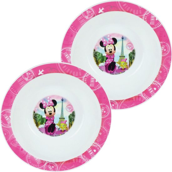 2x stuks kunststof ontbijtbordje plat Disney Minnie Mouse 22 cm - Onbreekbare kinder bordjes van Disney