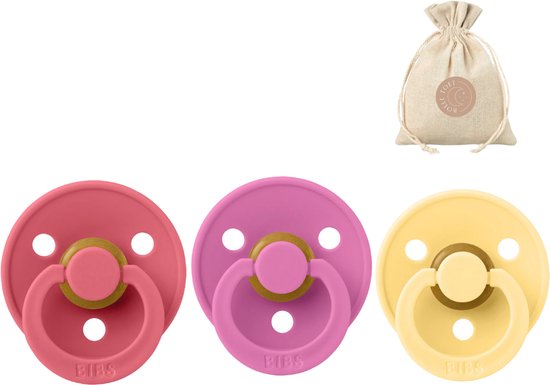 3 BIBS fopspenen maat 2 - Coral, Bubblegum en Pale Butter + BolleToet speenzakje van BIBS
