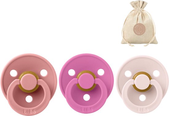3 BIBS spenen rond maat 2: Petal, bubblegum en dusty pink + BolleToet speenzakje - fopspenen van Merkloos