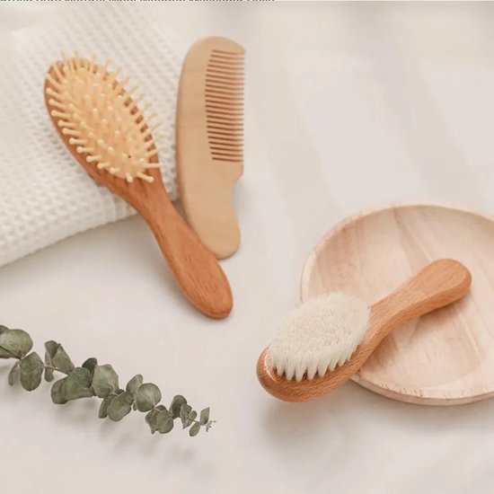 3-Delig Babyborstel Set - Houten massageborstel en Kam - Baby en Peuter van Hibaby
