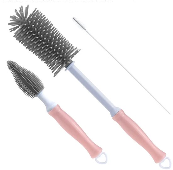 3-Delig - Flessenborstel Baby - Roze/ Grijs - BPA vrij - Siliconen van Merkloos