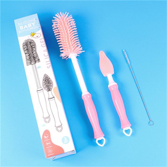 3-Delig - Flessenborstel Baby - Roze - Siliconen