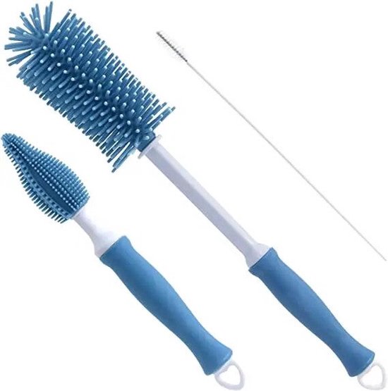 3-Delig Flessenborstel Blauw - Flessenreiniger - BPA vrij - Siliconen Flesvoedingsaccessoires van Jano