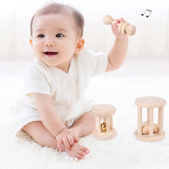 3-delig Houten Rammelaar Speelgoed Voor Baby's - Natuurhouten Geometrisch Grijpspeelgoed - Natuurlijke Houten Rammel Set Voor Zuigelingen