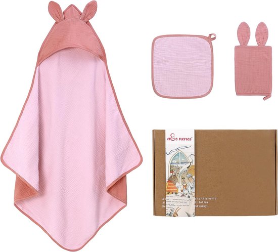 3-Delige Baby Badset met Capuchon Handdoek, Was- en Wasbeerdroogwanten - 100% Biologisch Katoen Mousseline - Hypoallergeen van Merkloos