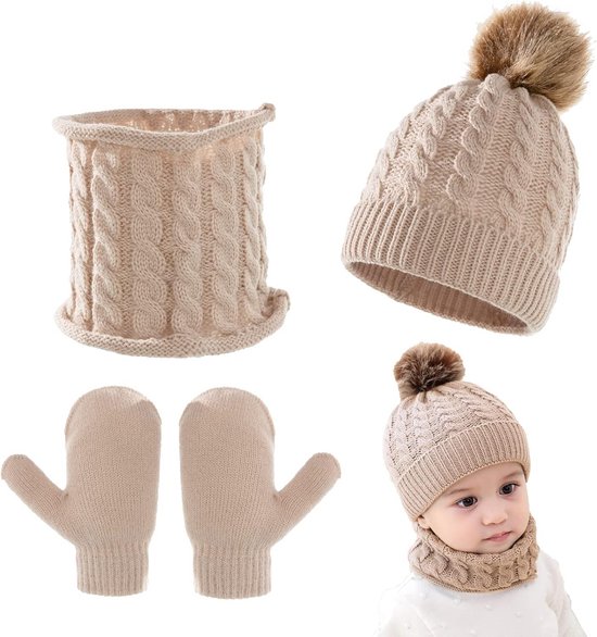 3-delige Baby Beanie Set - Gebreide Muts, Sjaal en Handschoenen voor Winter - Warme Kinderaccessoires voor Jongens en Meisjes 0-3 Jaar van Merkloos