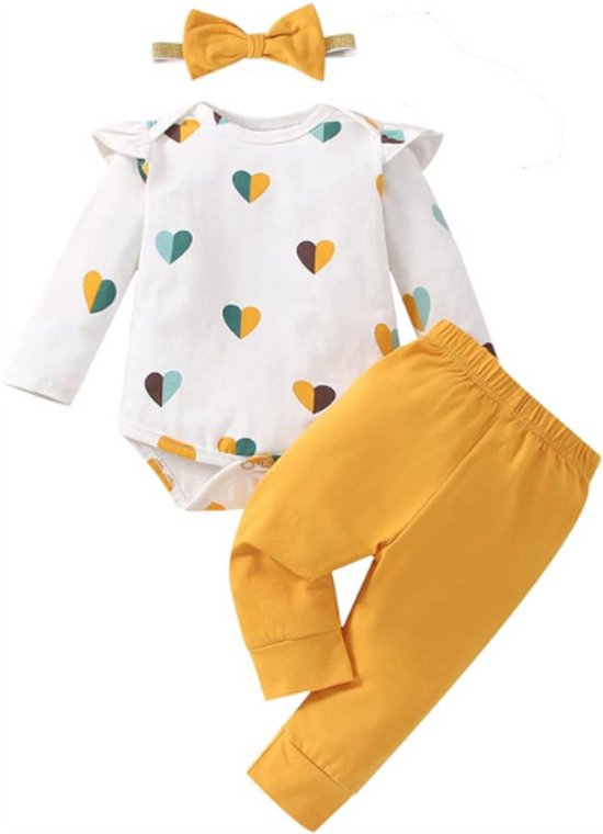 3-Delige Baby Kleding Set Voor Meisjes - Romper Met Hartjesprint En Broek Met Hoofdband - Outfit Voor Pasgeboren Baby 0-18 Maanden van Arvolas