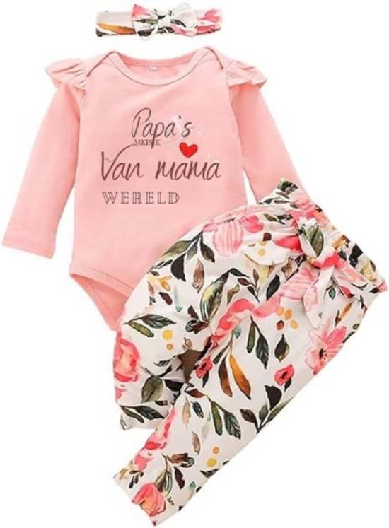 3-Delige Baby Meisjes Kleding Set - Mama’s Baby Romper Met Lange Mouwen - Luipaard Outfit Voor Baby Meisje 0-18 Maanden van Merkloos