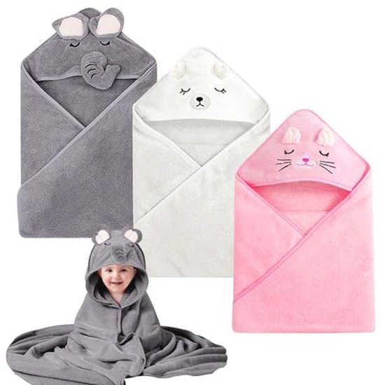 3-delige babybadhanddoek met capuchon - Super absorberend, 80 x 80 cm, Ideaal als geboortegeschenk