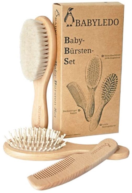 3-delige Babyborstelset voor Pasgeborenen en Peuters - Zachte Borstels met Geitenhaar en Beukenhouten Kam - Perfect Cadeau voor Nieuwe Ouders van Humble Baby