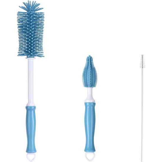 3-delige babyflessenborstel - Flessenreiniger - BPA-vrij - Siliconen - Hangende opbergruimte - Vaatwasserbestendig - Blauw