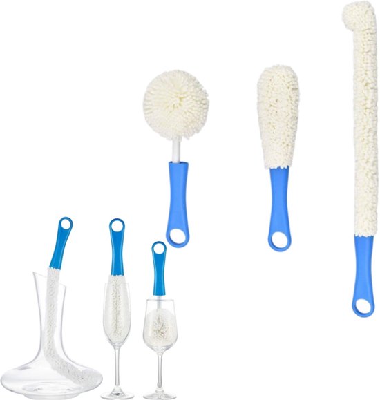 3-delige karafreinigingsborstel - Flexibel met reinigingsparels - Glaswerkreinigingsborstel - 42 cm - Reinigingsborstel voor wijnflessen en wijnglazen - Blauw