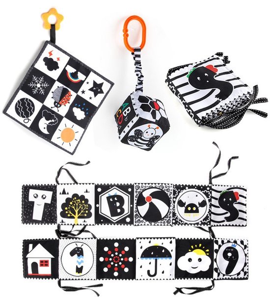 3-delige Montessori babyboekenset van stof, geschikt voor de vroege ontwikkeling van baby's van 0-12 maanden - Geen - Zwart-wit babycadeau, sensorisch speelgoed voor pasgeborenen, babyrammelaar van Merkloos