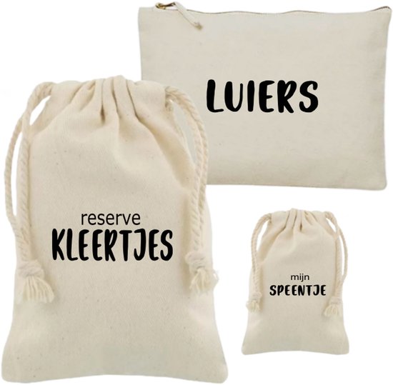 3- delige set - Reserve kleertjes - Luiers - Speen - Fiep - Bewaarzakjes - opbergen - kinderopvang - meenemen - organiseren - baby - newborn - luiertasje - speentje - Katoenen zak - Opberg zak - Cotton bag - bewaaretui - Organizer van Fiep
