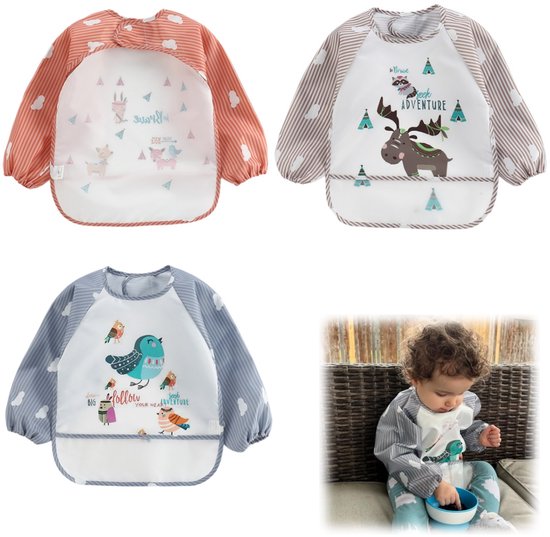 3-delige slabbetjesset – Eetslab - Kinderen eethesje – Kinderschorten – Lange mouwen slabbetje – Speelschort - Klittenbandsluiting – Geschikt voor 1–3 jaar – Voor eten, spelen, schilderen (33 x 42 cm – diverse stijlen)