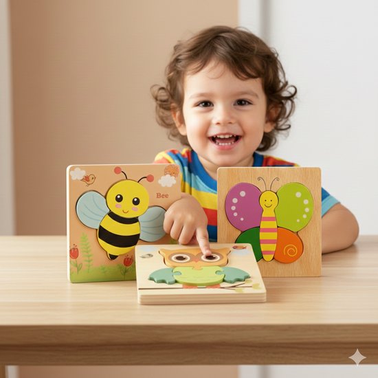 3 Houten Legpuzzels – Educatief Speelgoed voor Baby’s en Peuters / Dreunes / 1 jaar / 2 jaar / 3 jaar – Perfect Cadeau voor Jongens en Meisjes – Uitdeelcadeau, Sinterklaas of Verjaardag van Merkloos